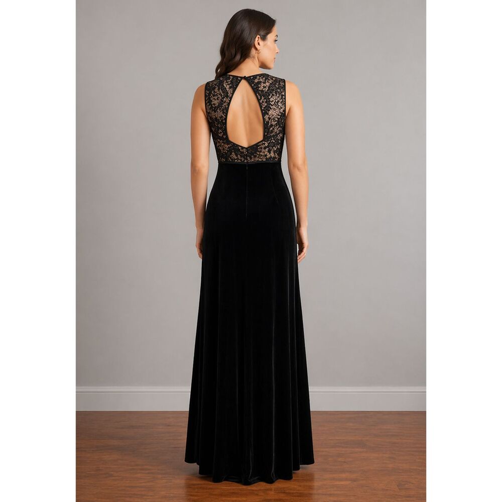 NW Nightway Velvet Lace Occasion Lace Maxi Dress Black Nude 6